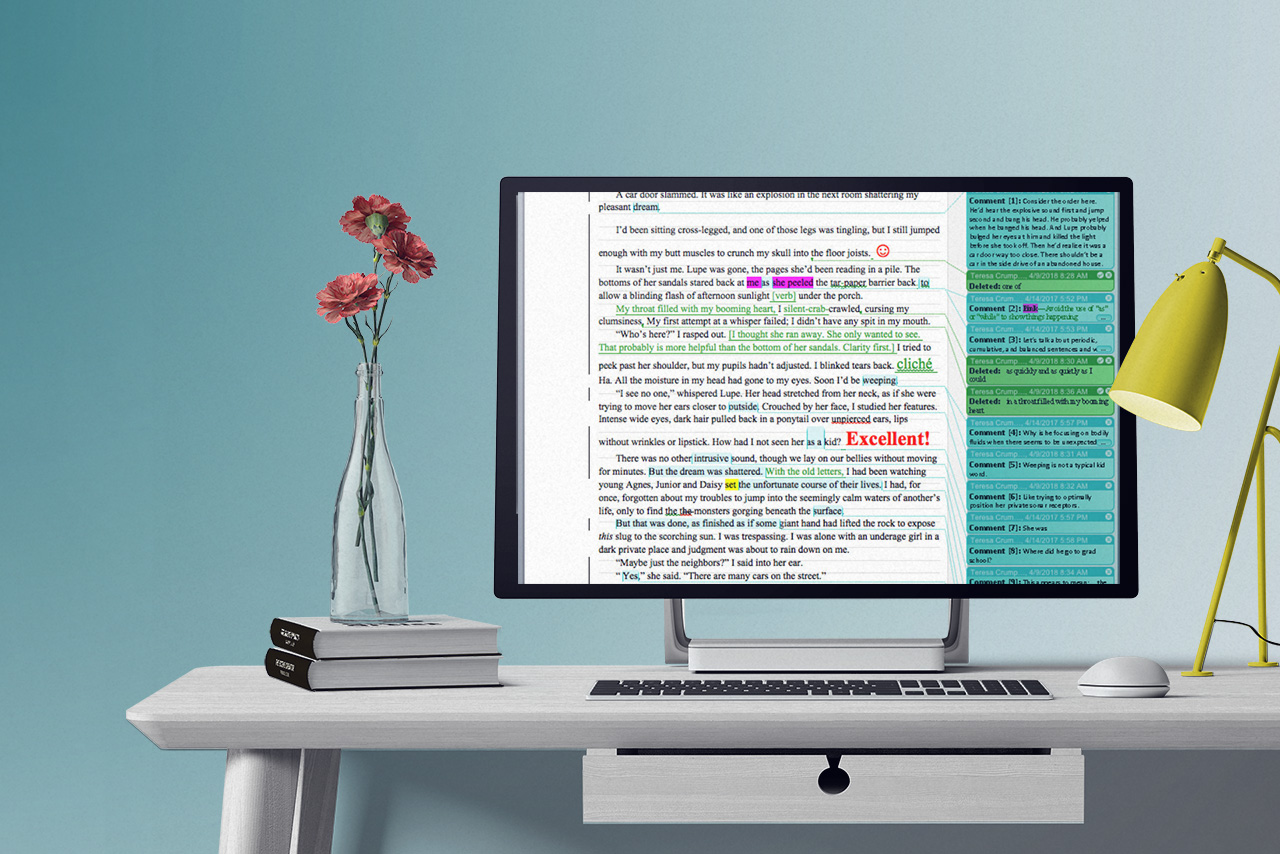 desk with computer screen showing edit