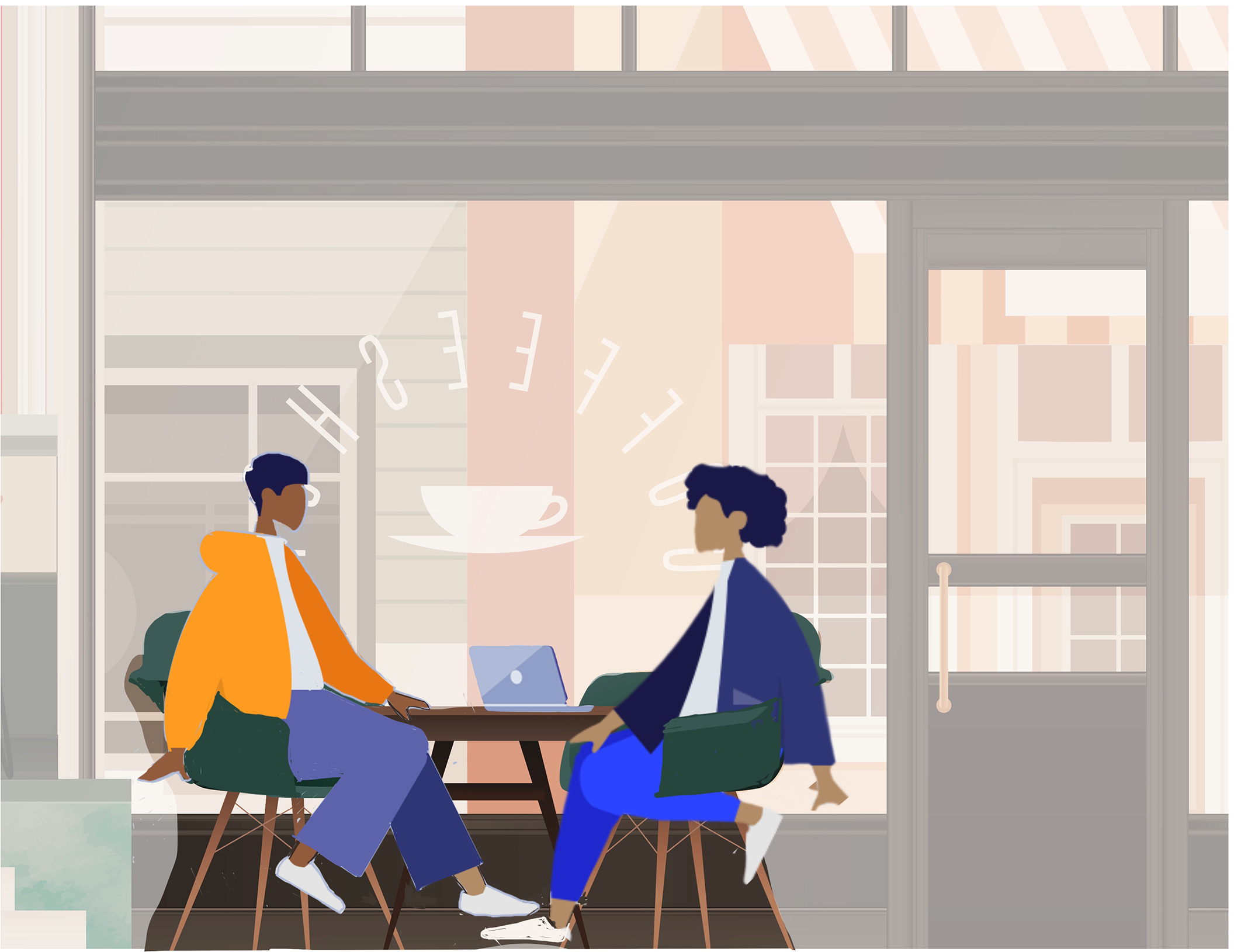 Two writers at a table in a coffee shop